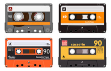 Collection Of Four Plastic Audio Cassettes Tape. Different Colorful Music Tapes. Orange Set. Old Technology, Realistic Retro Design, Vector Art Image Illustration, Isolated On White Background Eps10