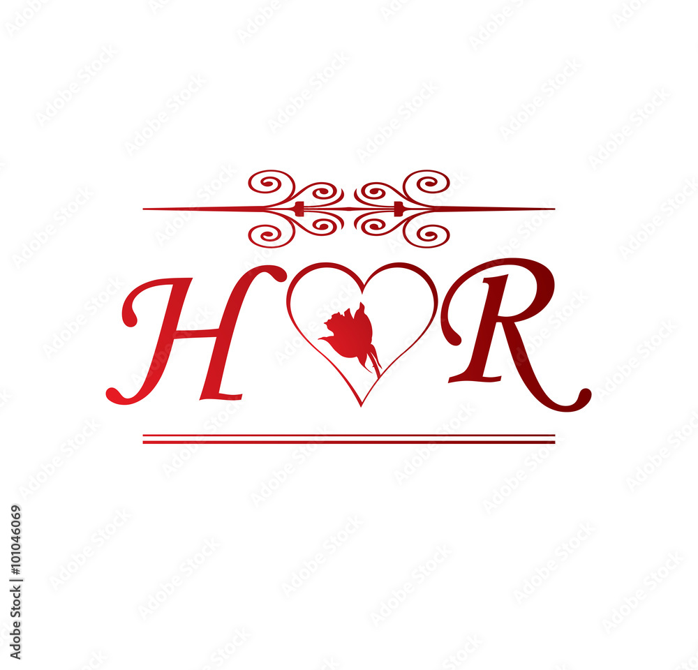 HR love initial with red heart and rose Stock Vector | Adobe Stock