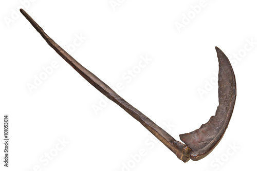 Fotografía Ancient rusted scythe isolated on white