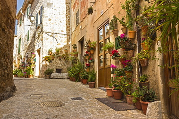  Brukowana ulica z doniczkami, roślinami i kwiatami dekorującymi ściany, Valldemossa, Mallorca, Hiszpania.