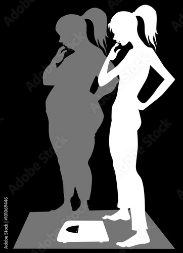 Obraz w ramie Anorexia. Silhouette of an emaciated young woman, looking at the bathroom scales, her shadow shows her distorted body image, EPS 8 vector illustration