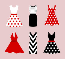 Set Of 6 Retro Pinup Cute Woman Dresses. Short And Long Elegant Black, Red And White Color Polka Dot Design Lady Dress Collection. Vector Art Image Illustration, Isolated On Background
