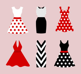 set of 6 retro pinup cute woman dresses. short and long elegant black, red and white color polka dot