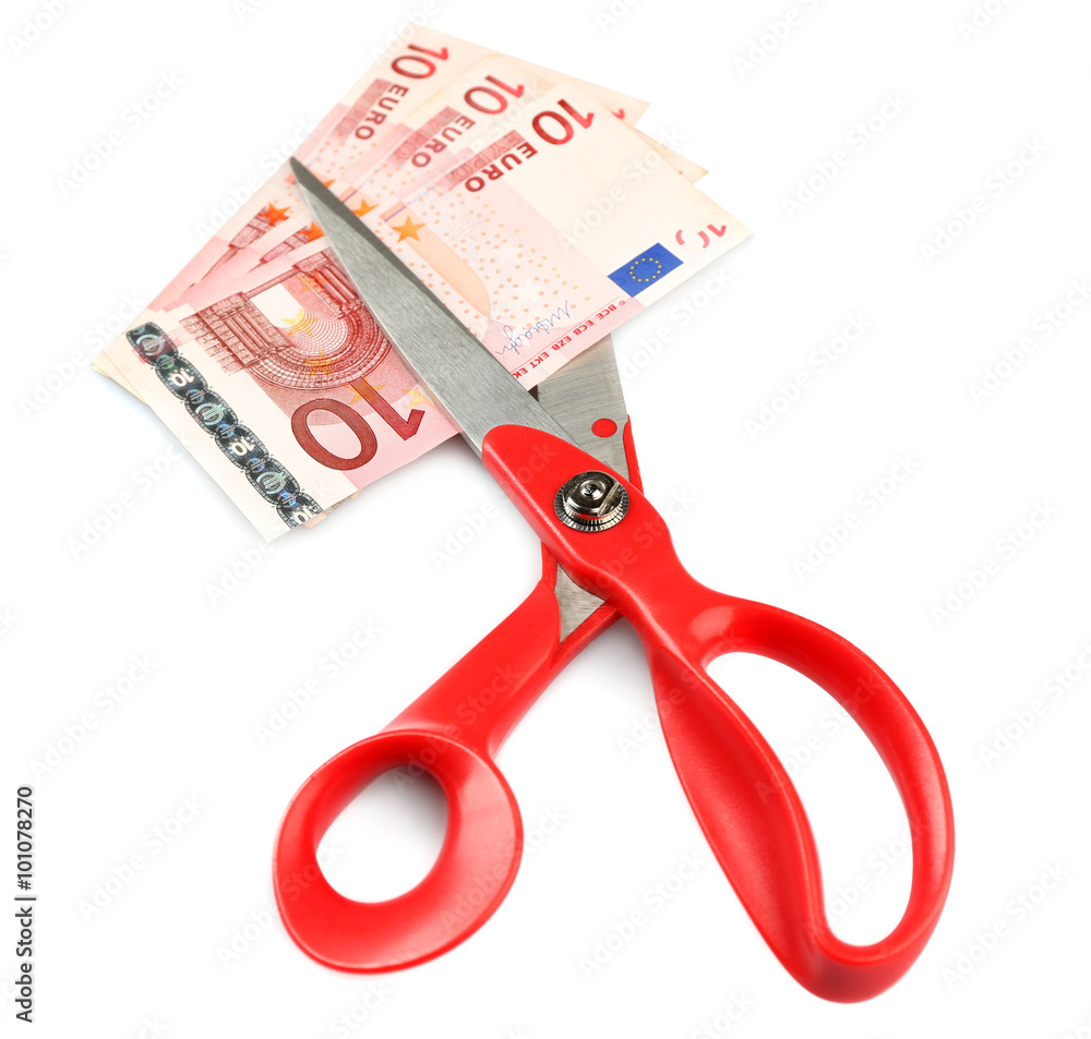 Scissors cut euro banknotes, isolated on white