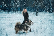 beautiful woman in a fur coat walks in the winter snow-covered wood, lady and a huge fluffy husky walk in nature in December in anticipation of Christmas,luxury dog-wolf,fashionable toning