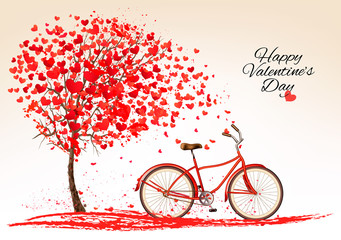 Valentine's day background with a bike and a tree made out of he