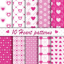 10 Pink Heart Shape Love Valentine's Day Seamless Patterns Collection. Endless Texture. Vector Illustration. For Invitations, Scrapbook, Cards, Posters, Wallpaper. Swatches Included In File.