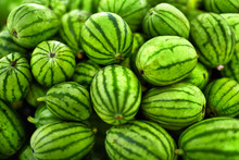 Fruit Background. A Lot Of Big Sweet Green Organic Ripe Watermelons In The Farmers Market ( Supermarket ) In Thailand, Asia. Nutrition And Vitamins. Healthy Raw Diet Food. 