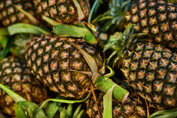 Wall Mural - Fruits. Healthy Raw Food. Closeup Of Tropical Organic Ripe Pineapples At Street Farmer Market ( Grocery Store ) In Thailand, Asia. Nutrition And Vitamins. Fruit Diet Background. 