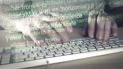 Wall Mural - programmer creating code on desktop computer, male hands typing computer keyboard, software code ani
