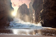canvas print picture - Fantastic big rocks and ocean waves at sundown time. Dramatic