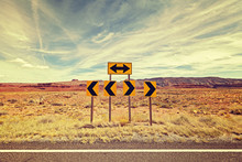Vintage Stylized Photo Of Road Signs, Choice Concept.