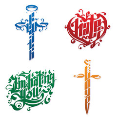 Wall Mural - Vector set of funny hand-letterings: faith as blue cross, hate as red heart, love as yellow knife and phrase 