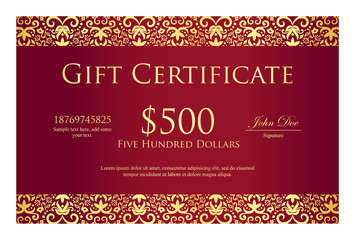 Wall Mural - Vintage red gift certificate with golden ornament pattern