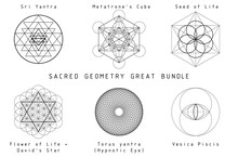 Sacred Geometry Set, Great Bundle. Black Graphics On A White Background.