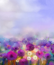 Oil Painting Purple Onion With White Dandelion Flowers In Meadow. Abstract Painting Flower Field And Soft Purple Blue Sky Color Background. Spring Floral Seasonal Nature Background