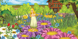 Fototapeta Las - Cartoon farm scene with little elf girl on flowers - image for different fairy tales - illustration for the children