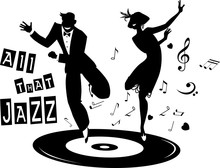 Black Vector Silhouette Of A Couple Dressed In 1920s Fashion Dancing The Charleston On A Record, No White Objects, EPS 8