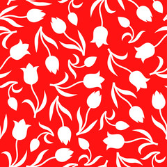 Poster - Tulips flowers pattern seamless on red background