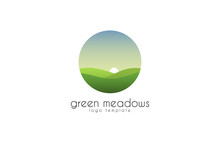 Ecological Natural Landscape - Eco Logo Template. Sun On The Background Of Green Hills - A Symbol Ecological Organic Production And Agriculture. Logo Template.