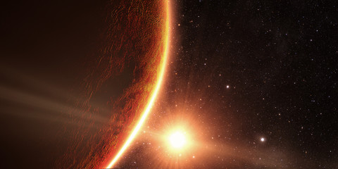Wall Mural - venus. cinematic and very realistic sunrise seen from space on venus