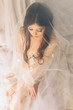 portrait shot of a beautiful girl with perfect skin and elegant hair.Cute young girl sitting in a veil and sad.Beautiful melancholy.Fashionable toning.creative computer colors.