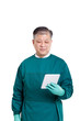 © zhu difeng - portrait old asian man doctor in gown with digital tablet