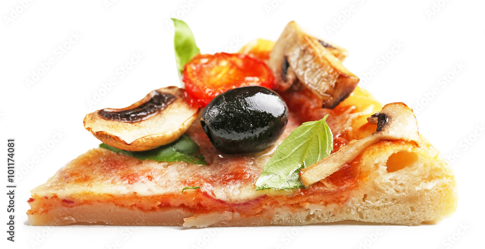 Slice of delicious tasty pizza, isolated on white
