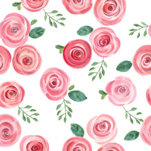 Cute Hand Drawn Watercolor Roses Seamless Pattern. Vector Illustration