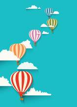 Hot Air Balloons In The Clouds Background. Flat Vector Illustrat