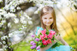 © MNStudio - Adorable little girl holding tulips for her mother in cherry garden