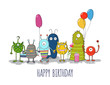 Cute colorful monsters happy birthday card. eps10