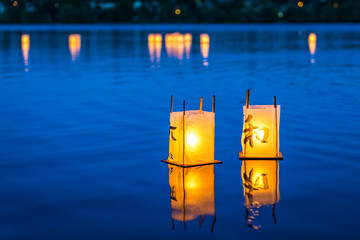 lantern floating on green lake park for memorial of Hiroshima,Wa,usa.