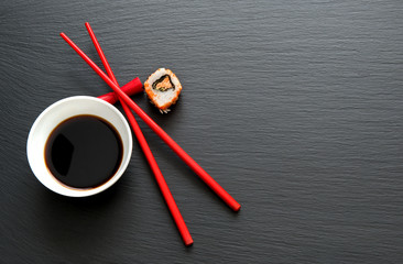 Soy sauce with red chopsticks