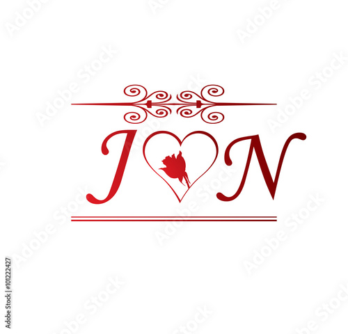 JN love initial with red heart and rose Stock Vector Adobe Stock