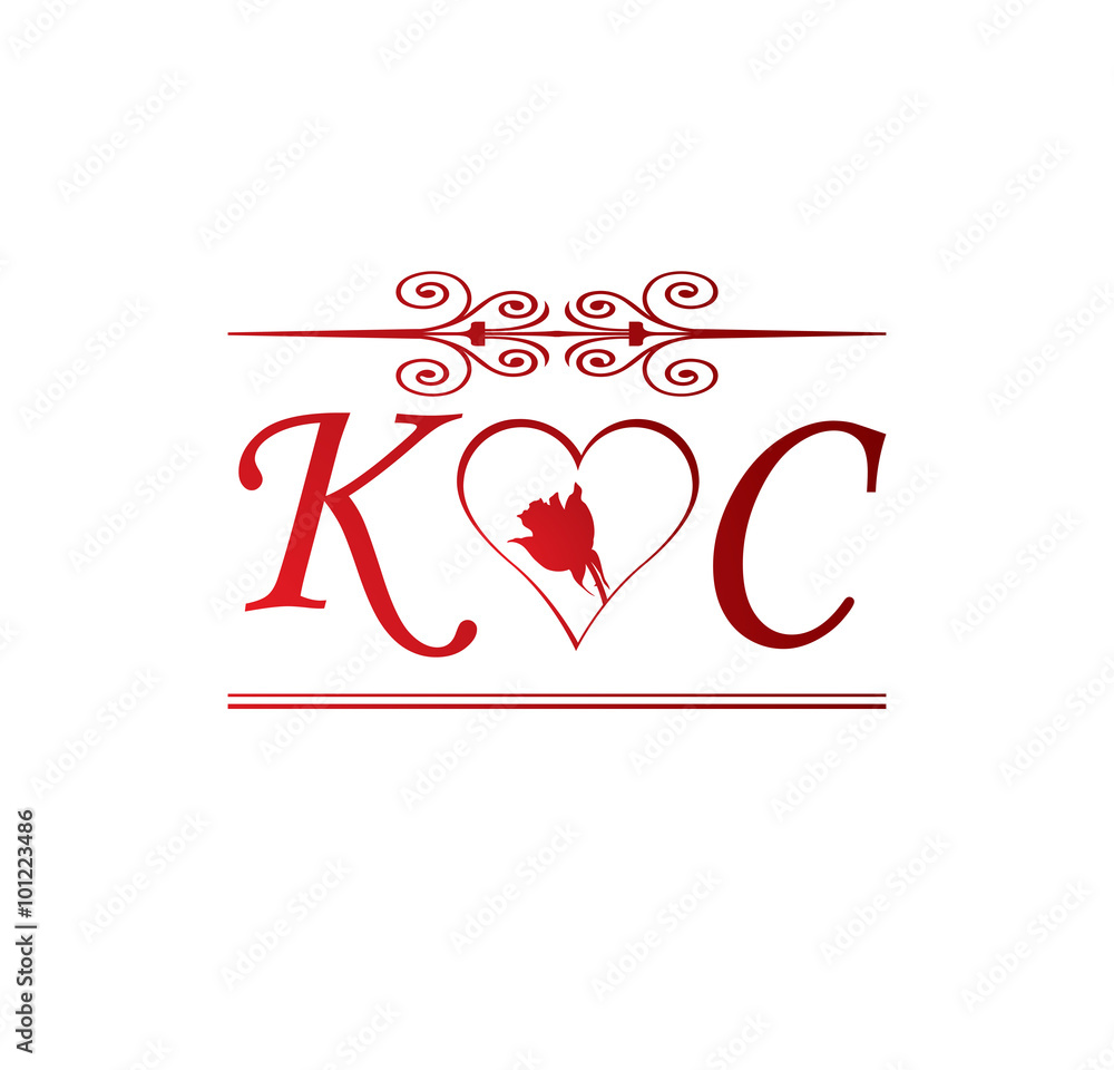 KC love initial with red heart and rose Stock Vector | Adobe Stock