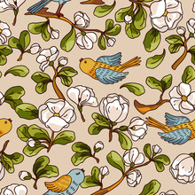 Vector Seamless Pattern With Apple Blossom And Birds. Beautiful Hand Drawn Texture. Romantic Background For Web Pages, Wedding Invitations, Textile, Wallpaper. Vector, Isolated On White Background