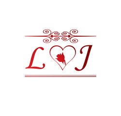 LJ love initial with red heart and rose