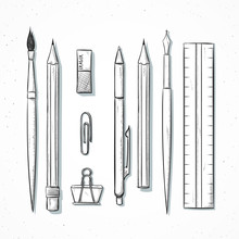 Isolated Set Stationery Handmade In Sketch Style. Writing Items