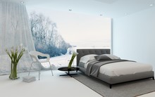 Modern Cool Bedroom Interior Overlooking A Garden