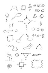 Thin hand drawn arrows, talk bubble, geometric shapes with shado