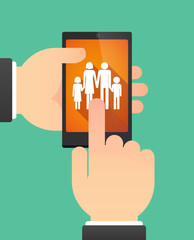 Poster - Hands using a phone showing a conventional family pictogram