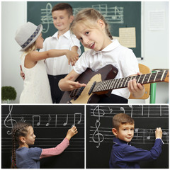 Wall Mural - Collage with pupils having music lesson in classroom at elementary school