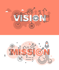 Wall Mural - Set of modern vector illustration concepts of words vision and mission. Thin line flat design banners for website and mobile website, easy to use and highly customizable.