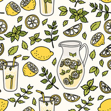 Refreshing Seamless Pattern With Lemonade. Summer Lemon And Mint