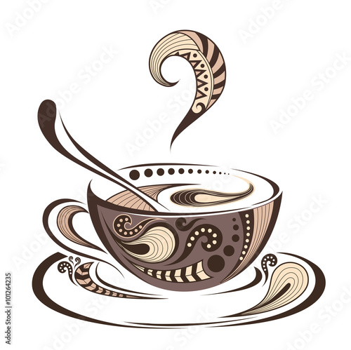 Fototapeta do kuchni Patterned colored cap of coffee. Batik/tattoo design. It may be used for design of a t-shirt, bag, postcard and menu. Vector