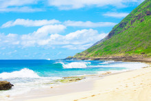 Beautiful Landscape Of The  Hawaiian Coastline, Waves Crashing On Beach 