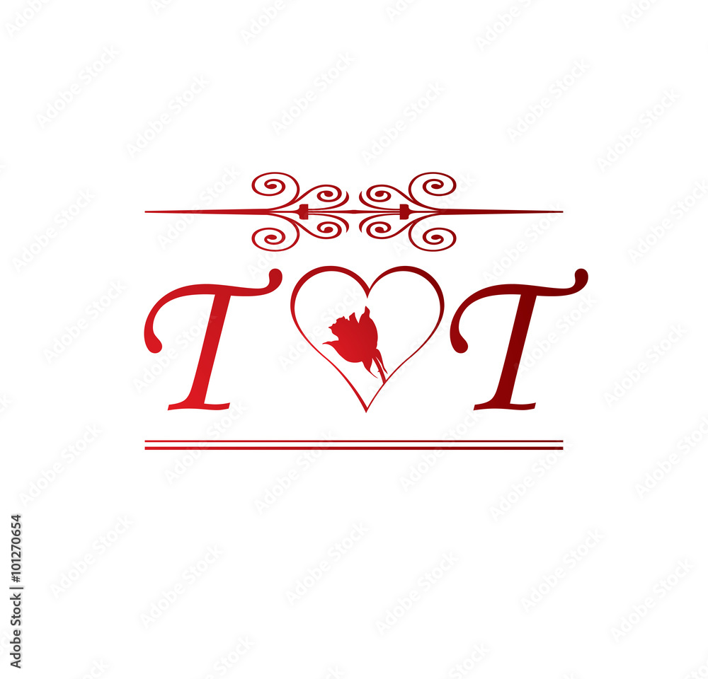 TT love initial with red heart and rose の Stock ベクター | Adobe 