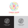 Vector logo of candy shop in linear style. Vector illustration. Templates of icons of candies in linear style.