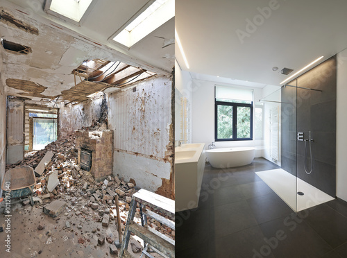 Fotografie, Obraz Renovation of a bathroom Before and after